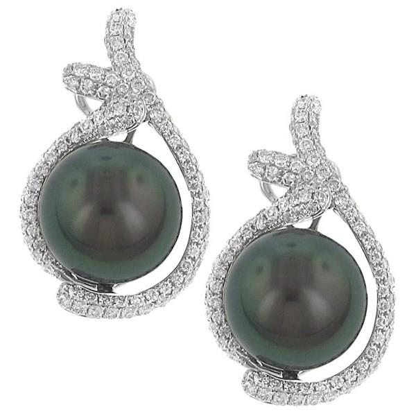18K White Gold South Sea Pearl Earrings with Pavé Diamond Twist Halo 1.28cttw