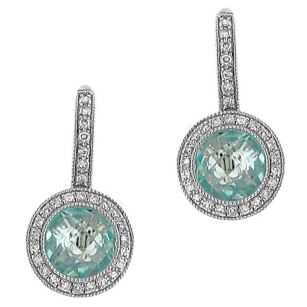 Blue Topaz and Pavé Diamond Leverback Earrings with Milgrain Trim (3.18cttw Gemstone, .18cttw Diamonds)