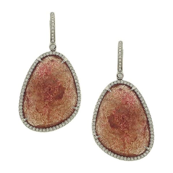 14K Rose Gold Cherry Quartz Slice Dangle Earrings with Pavé Diamond Trim 24.27cttw