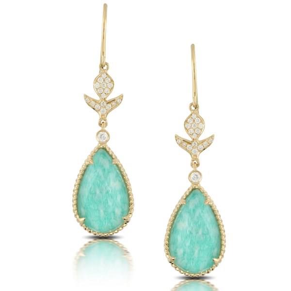 14K White Gold Amazonite and White Topaz Teardrop Earrings with Diamond Accents 8.41cttw