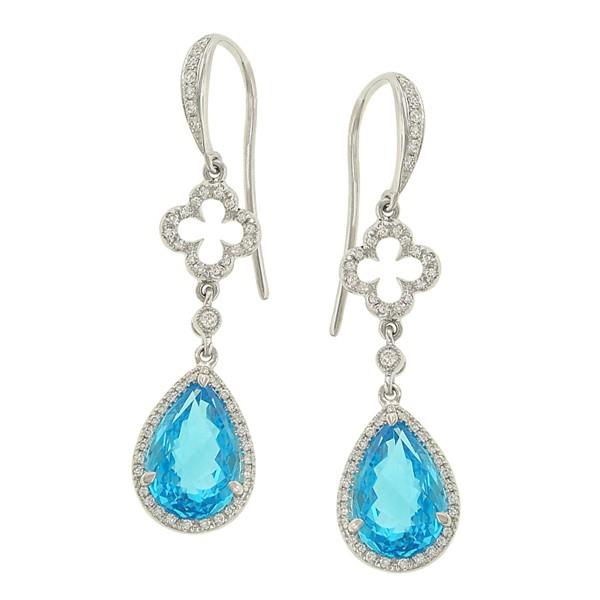 Zeghani Blue Topaz and Diamond Clover Halo Dangle Earrings (7.20cttw Gemstones / .52cttw Diamonds)
