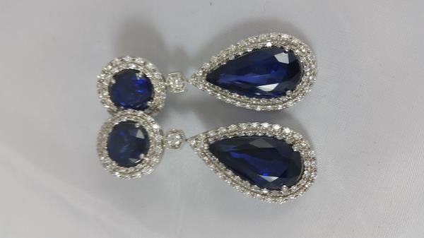 14k White Gold Blue Sapphire Earring at 23cttw With Diamonds at 2.19cttw