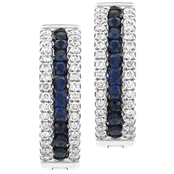 14K White Gold Blue Sapphire and Diamond Channel Set Hoop Earrings .77cttw