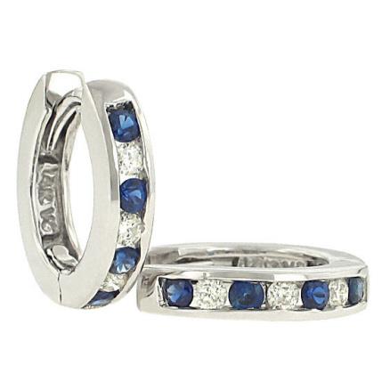 14K White Gold Diamond and Blue Sapphire Channel-Set Hoop Earrings (Gem .22cttw / Diamond .14cttw)