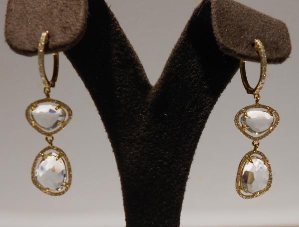 14K Yellow Gold White Topaz Dangle Earrings with Diamond Accents .40cttw