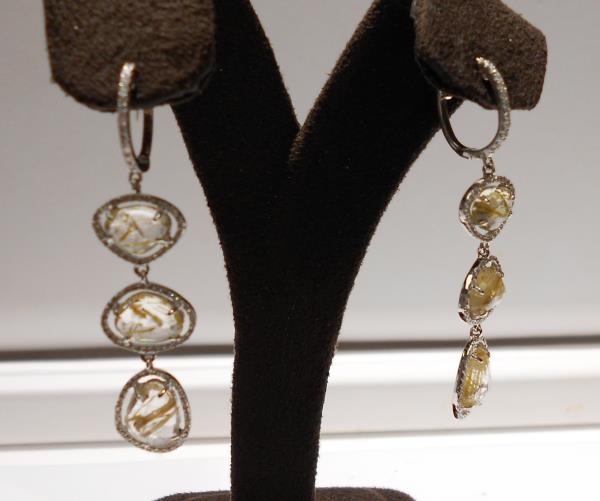 14K White Gold Rutilated Quartz Dangle Earrings with Diamond Accents .55cttw