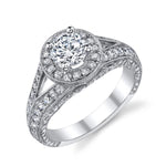 Ladies 14K White Gold Round Halo Diamond Engagement Ring with Open Shank and Milgrain – Semi-Mount for 0.60–0.75 ct Round Center Stone (Center Stone Not Included)