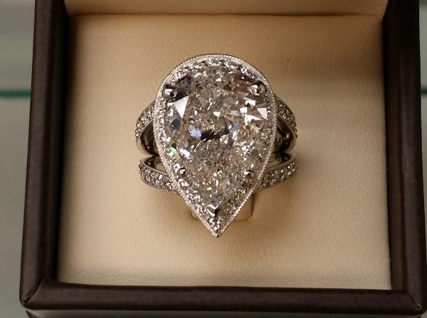Ladies Platinum Pear Shape Halo Diamond Engagement Ring with Split Shank and Pavé Accents – 11.21 ct Total Diamond Weight