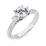 Ladies Three-Stone Pavé Diamond Engagement Ring in 14K White Gold with 1.28 ct Total Diamond Weight (Center Stone Not Included)