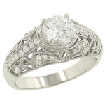 Antique Style Filigree Diamond Engagement Ring with Pavé and Bead Setting in 14K White Gold – 0.36 ct Total Diamond Weight (Center Stone Not Included)