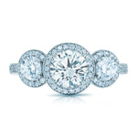 Three Stone Milgrain Round Halo Engagement Ring in 14K White Gold with 0.82 ct Total Diamond Weight (Center Stone Not Included)