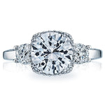 Cushion Halo Pavé and 3-Stone Round Diamond Engagement Ring with Polished Band and Crescent Milgrain Accents – 0.57 ct Total Weight (Center Stone Not Included)