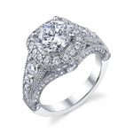 Vintage Diamond Encrusted Engagement Ring in 18K White Gold with Cushion Halo for 1.31 to 1.50 ct Round Center Stone