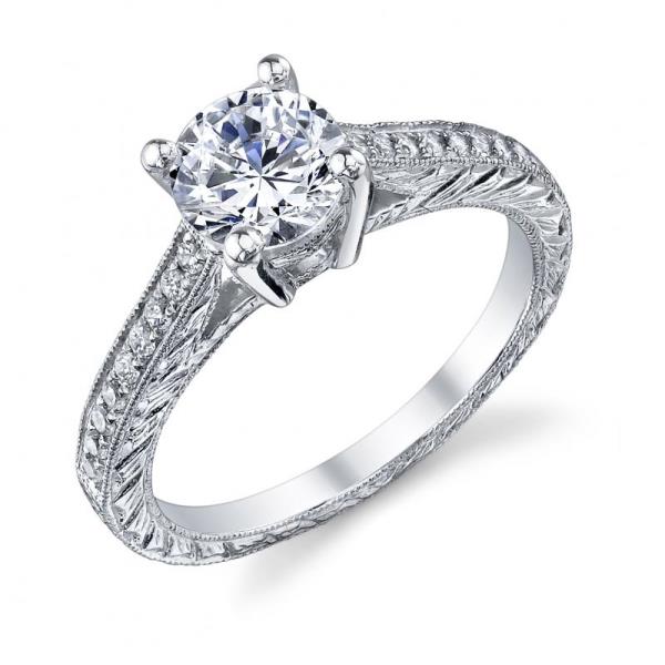 Vintage Pavé Engagement Ring in 18K White Gold with Diamond Accents for 0.20–1.00 ct Round Center Stone