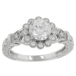 Engraved engagement ring with round bead set diamond Halo and milgrain trim diamond .23cttw gh/si1-2 ||| ||| (center stone not included in the price) |||