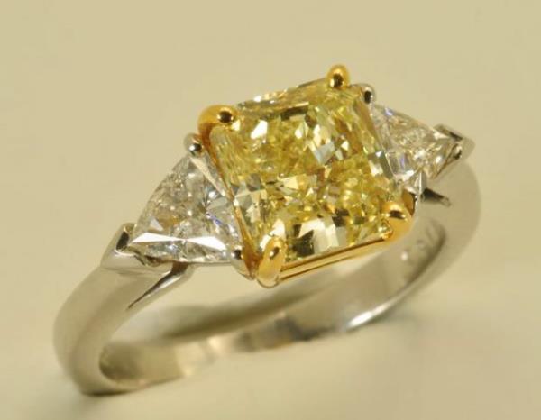 210-80-2376 Diamond Ring ||| Platinum & 18k 1 GIA FY/VVS2 RA diam = 2.19ct; ||| 2 TR Diam =.67 |||