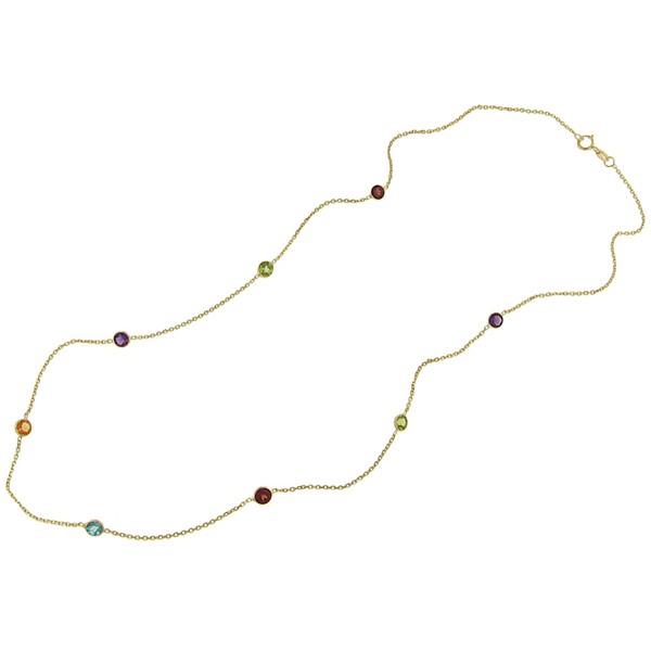14K Yellow Gold Multi-Gemstone Station Necklace with Amethyst Peridot Garnet Blue Topaz and Citrine
