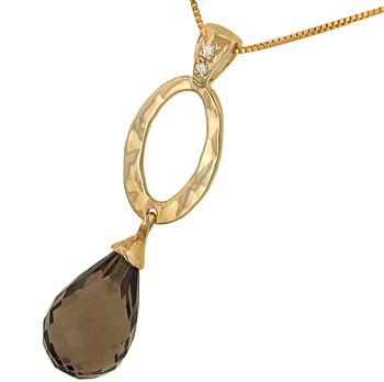 14K Yellow Gold Smoky Topaz Briolette Pendant Necklace with Diamond Pavé Bail – 0.02cttw