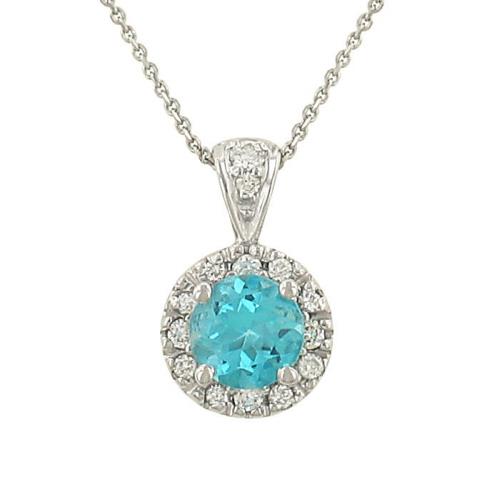 14K White Gold Blue Topaz and Diamond Halo Pendant Necklace – 0.60cttw Gem & 0.11cttw Diamond