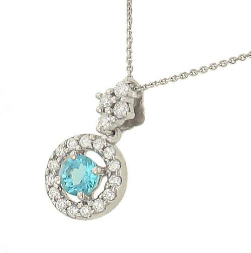 14K White Gold Blue Topaz and Diamond Circle Pendant Necklace – 0.32cttw Gem & 0.20cttw Diamond