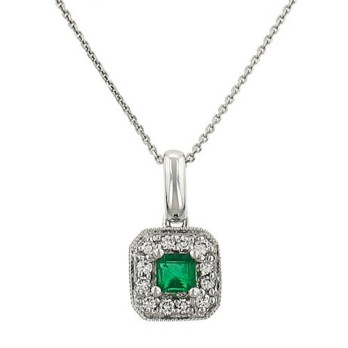 14K White Gold Emerald and Diamond Square Pendant – Chain Sold Separately