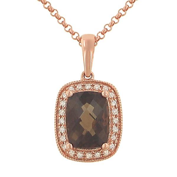 Ladies Cushion Cut Smokey Topaz and Diamond Pendant on Cable Chain – 1.41cttw Gem & 0.06cttw Diamonds
