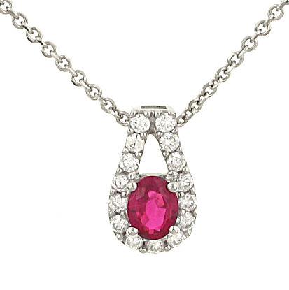Ladies Oval Ruby Pendant with Pavé Diamond Accents on Cable Chain – 0.40cttw Gem & 0.20cttw Diamonds
