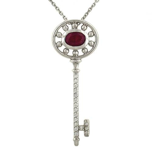 Ladies Oval Ruby Key Pendant with Pavé Diamonds and Bezel Setting – 0.61cttw Gem & 0.09cttw Diamonds (Chain Sold Separately)