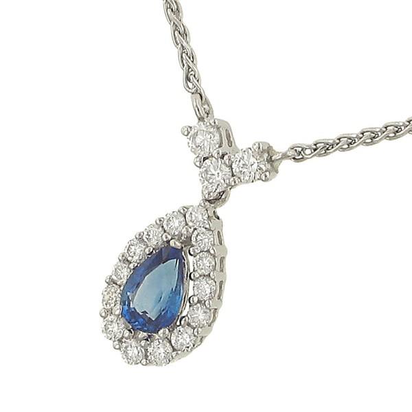Ladies Blue Sapphire Drop Pendant with Round Prong-Set Diamonds on Wheat Chain – 0.56cttw Gem & 0.36cttw Diamonds
