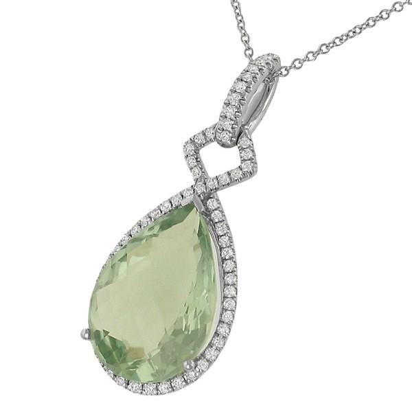 Zeghani Pear-Shaped Green Amethyst Halo Pendant with Pavé Diamond Bail on Cable Chain – 9.29cttw Gem & 0.64cttw Diamonds