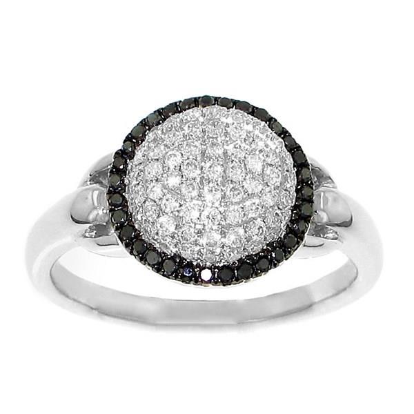 Domed Pave Diamond Round Fashion Ring with Black Pave Diamond Trim on Polished Band Diamond .50cttw |||