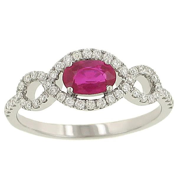 Ladies prong Set Oval Ruby Ring with Fancy Twist Pave Diamond Sides Gem .66cttw Diamond .30cttw |||