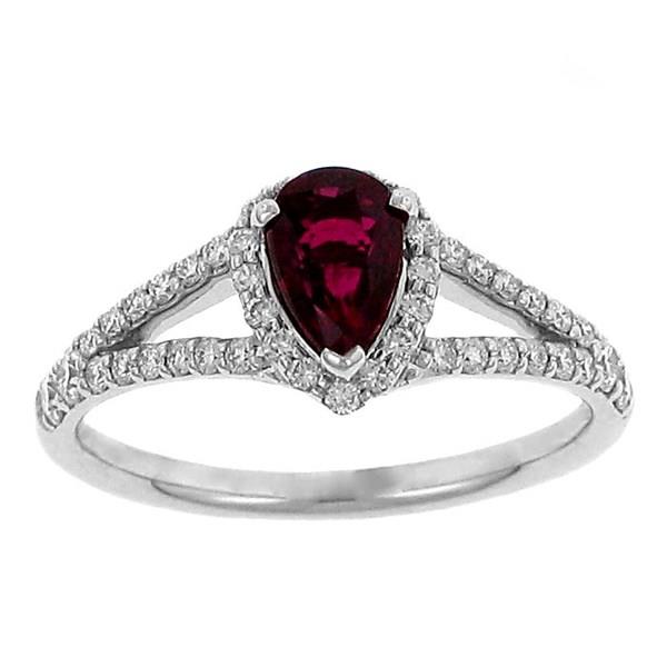 Ladies Round Pave Diamond and Pear Shaped Ruby Halo DesignFashion Ring with Split Shank Gem .80cttw Diamond .47cttw |||