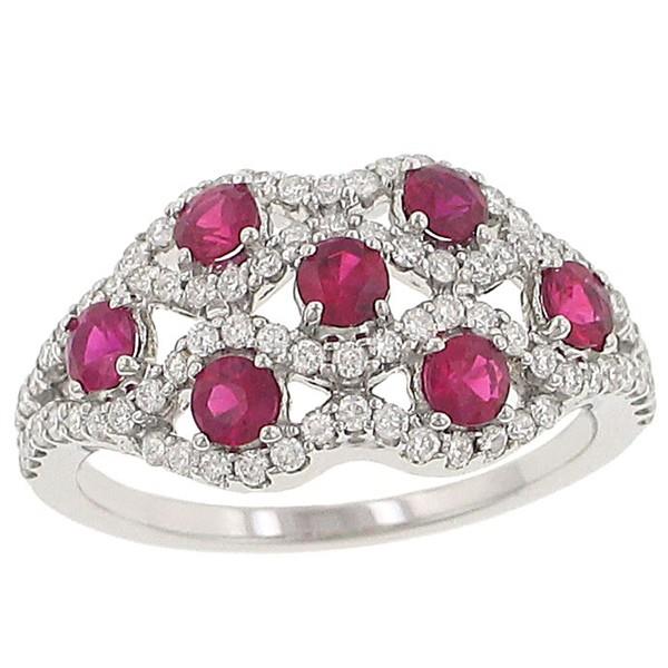 Ladies prong Set Round Ruby and Pave Diamond Scalloped Design Fashion Ring Gem 1.05cttw |||