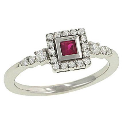 Ladies Bezel Set Princess Cut Ruby and Pave Diamond Fashion Ring Gem .15cttw Diamond .21cttw |||