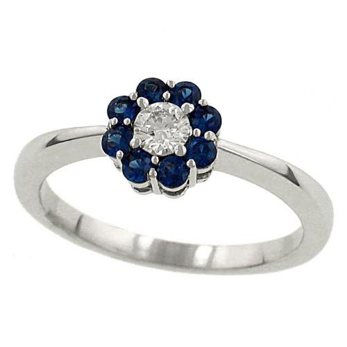 Ladies Round Diamond and Blue Sapphire Flower Design Fashion Ring Gem .32cttw Diamond .16cttw |||
