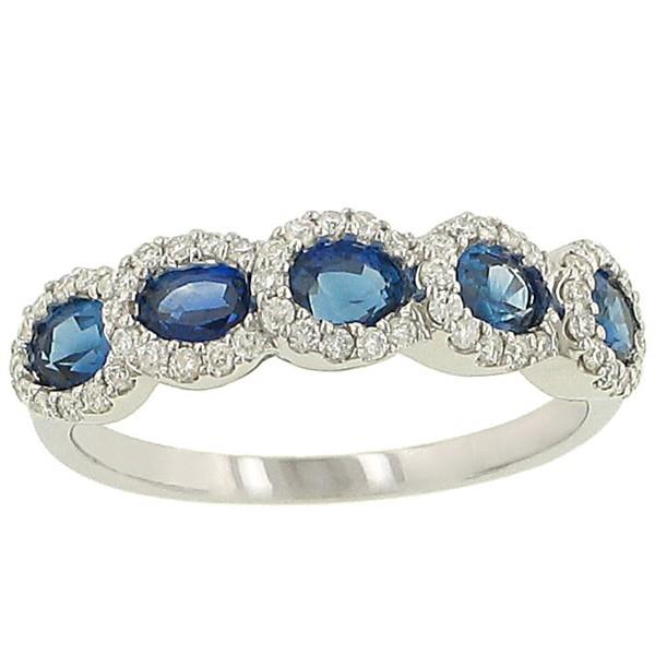 Ladies 5 Stone Oval Blue Sapphire and Pave Diamond Halo Step Design Fashion Ring Gem 1.25cttw Diamond .23cttw |||