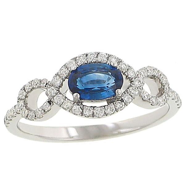 Ladies prong Set Oval Blue Sapphire Fashion Ring with Fancy Twist Pave Diamond Sides Gem .66cttw Diamond .30cttw |||