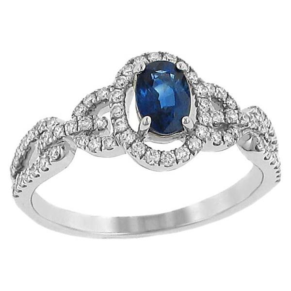 Ladies Oval Blue Sapphire and Pave Diamond Halo Design Fashion Ring with Bar Link Shank Gem .66cttw Diamond .37cttw |||