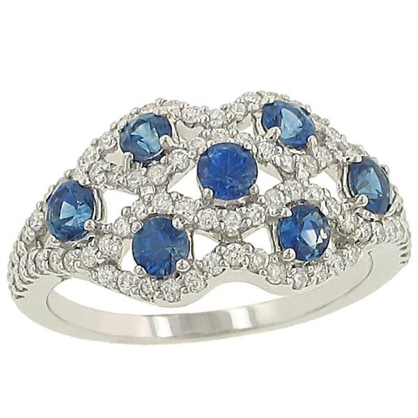 Ladies prong Set Round Blue Sapphire and Pave Diamond Scalloped Design Fashion Ring Gem 1.05cttw Diamond .56cttw |||