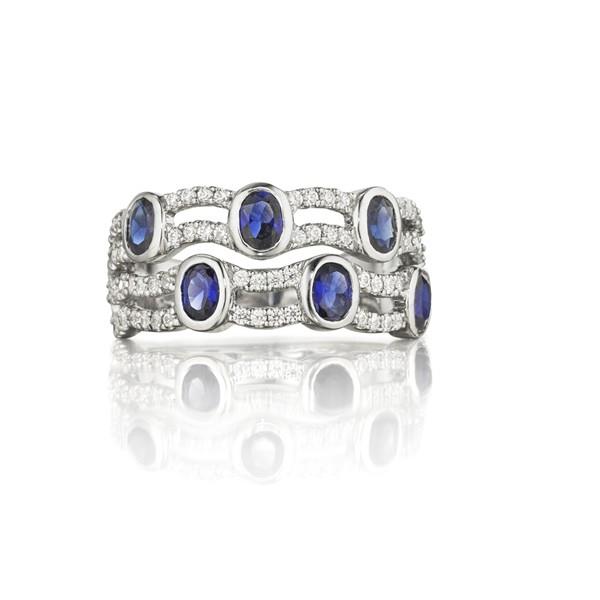 Ladies Scalloped 4 Row Pave Diamond Fashion Ring with 6 Bezel Set Oval Blue Sapphires Gem 1.08cttw Diamond .54cttw |||