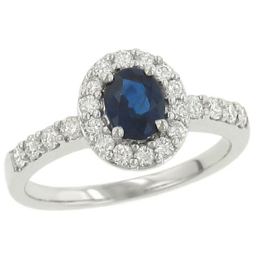 Ladies Oval Blue Sapphire Fashion Ring with Round prong Set Diamond Trim and Sides Gem .80cttw Diamond .48cttw |||