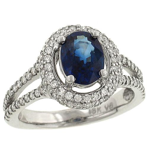 Ladies Oval Blue Sapphire and Round prong Set Diamond Fashion Ring with Split Shank Gem 1.60cttw Diamond .65cttw |||