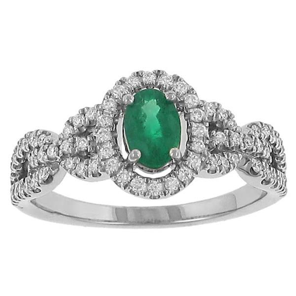 Ladies Oval Green Emerald and Pave Diamond Halo Design Fashion Ring with Bar Link Shank Gem .48cttw Diamond .37cttw |||