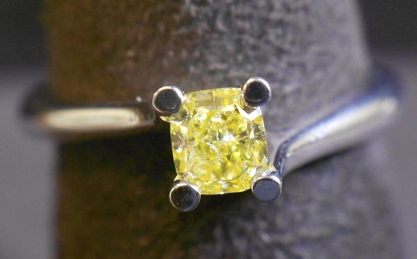 Ladies’ Classic Cushion Cut Fancy Intense Yellow Diamond Solitaire Ring 0.55ct