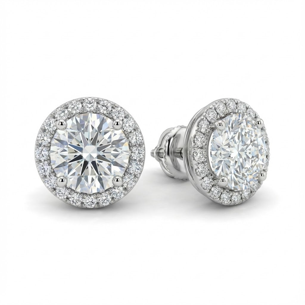 1.81cttw Round Diamond Stud Earrings with Pave Halo in 14K White Gold Total Diamond Weight: 2.23cttw