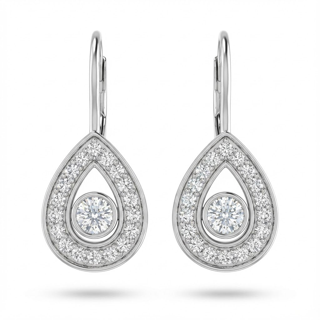 14K Gold Pear-Shaped Pavé Diamond Dangle Earrings with Round Center (.28cttw Diamonds)