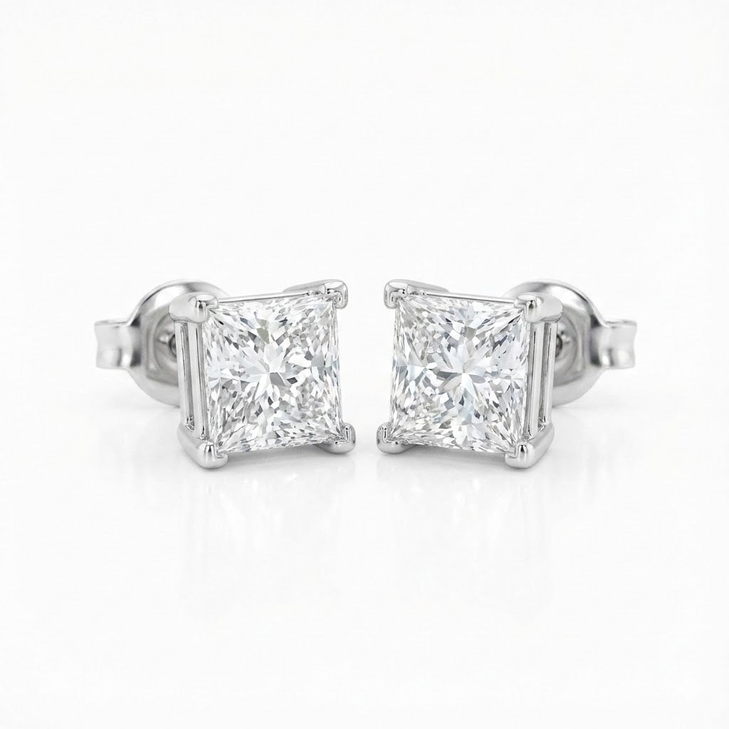 14K Gold Princess Cut Diamond Stud Earrings 3.10cttw (G–H/VVS2)