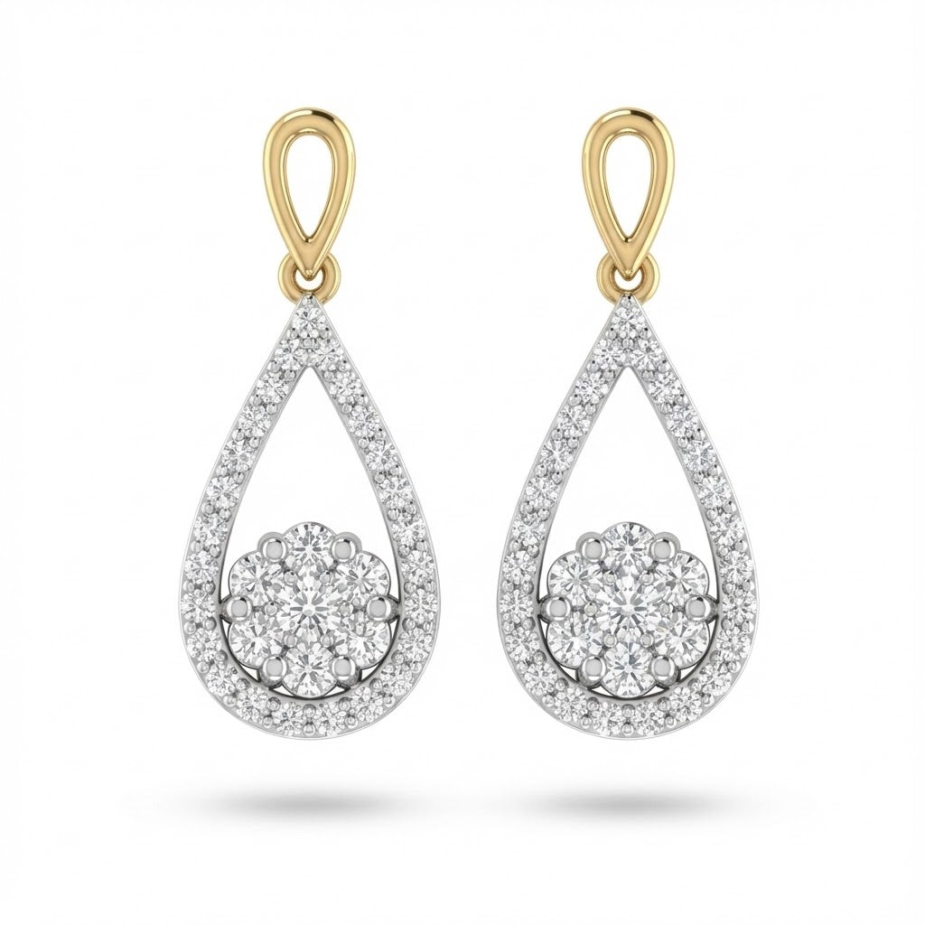 14K Gold Teardrop Diamond Dangle Earrings with Cluster Center (.50cttw Diamonds G–H/SI, 64 Stones Total)