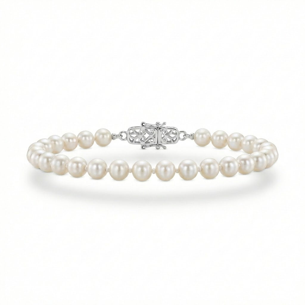 14K White Gold 7" Freshwater Pearl Bracelet with Filigree Clasp Classic Beauty in Every Detail